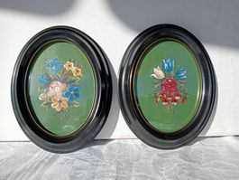 2er Set Ovale Bilderrahmen Gewölbtes Glas & Blumen Gemälde