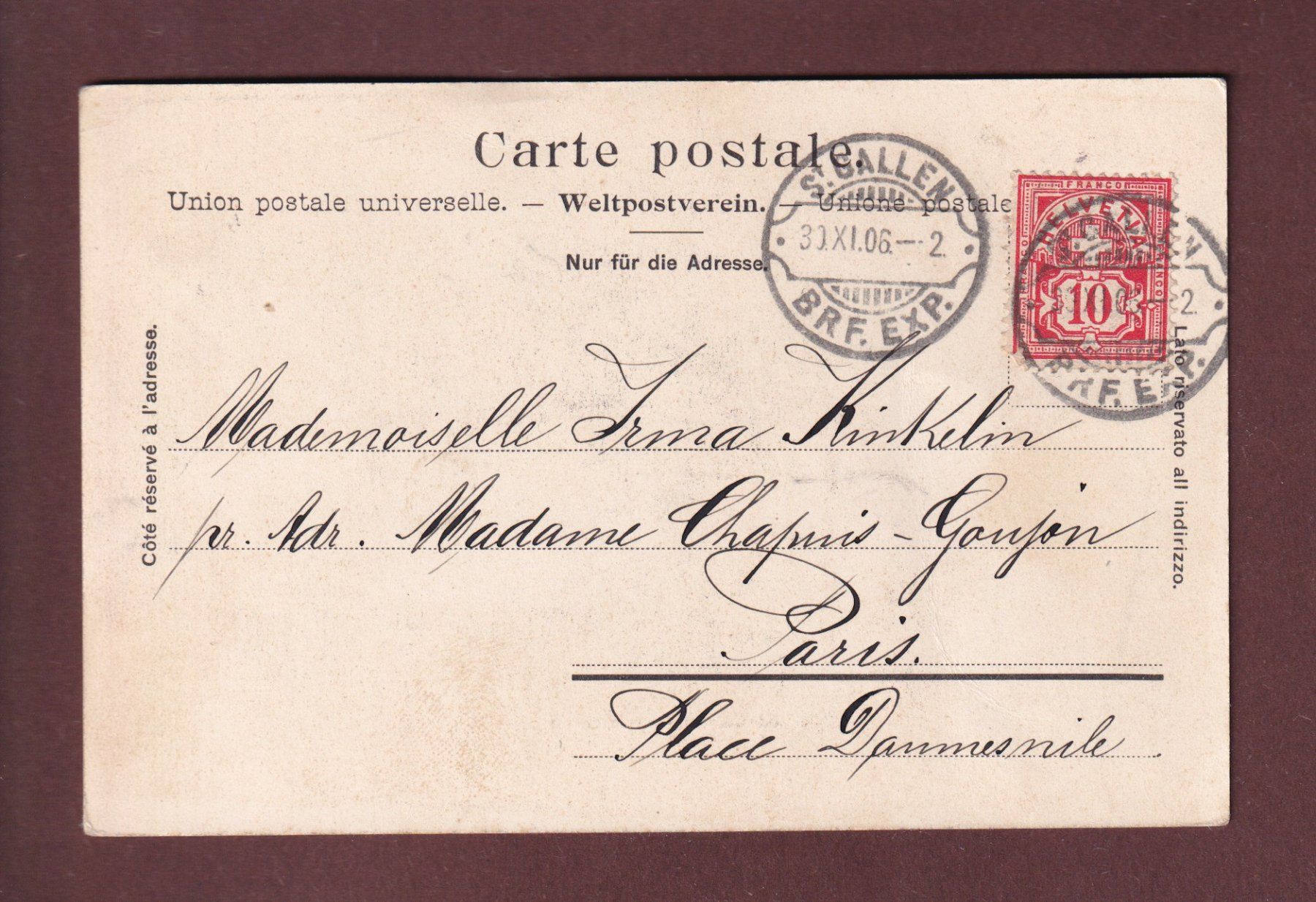 Cartoline postali: ST. GALLEN - Tellstrasse - 1906 // Eckbug // – Usato da Pully venduto da nicecards 1
