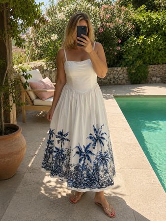 Max Mara – Magnifique robe longue blanche à imprimé tropical