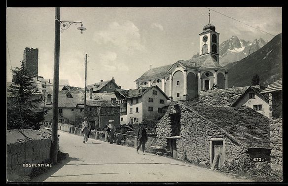 Cartoline postali: AK Hospenthal, Teilansicht mit Bergen – Usato da Berlin venduto da bartko-reher
