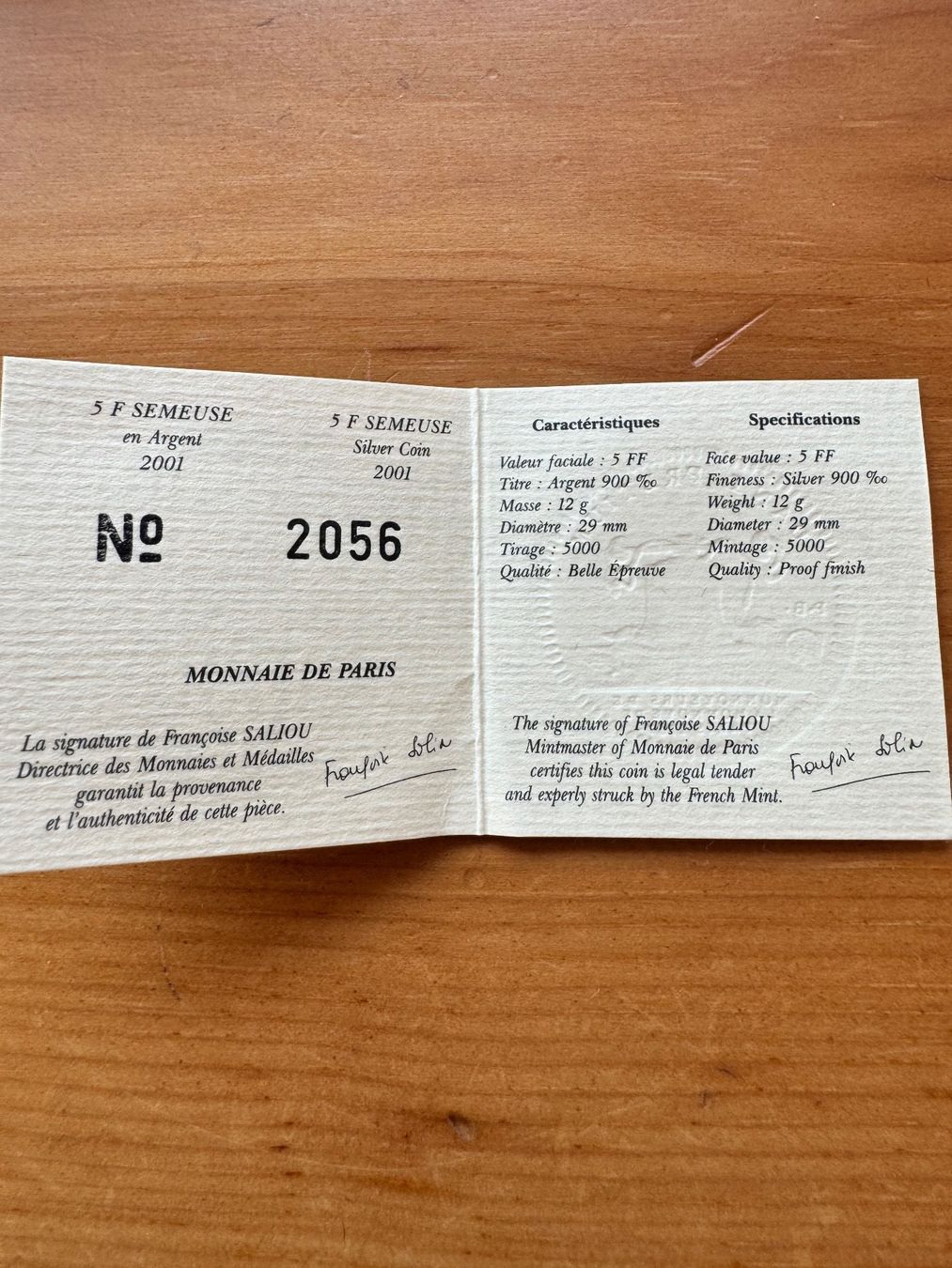 Tutti le monete: 5 Francs 2001 Silber PP - La Semeuse – Usato da Meilen venduto da coins4sale 3