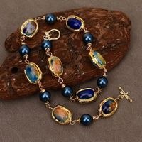 Blau Achat Perlmutt Kette Echt Collier Agate Perle nacre