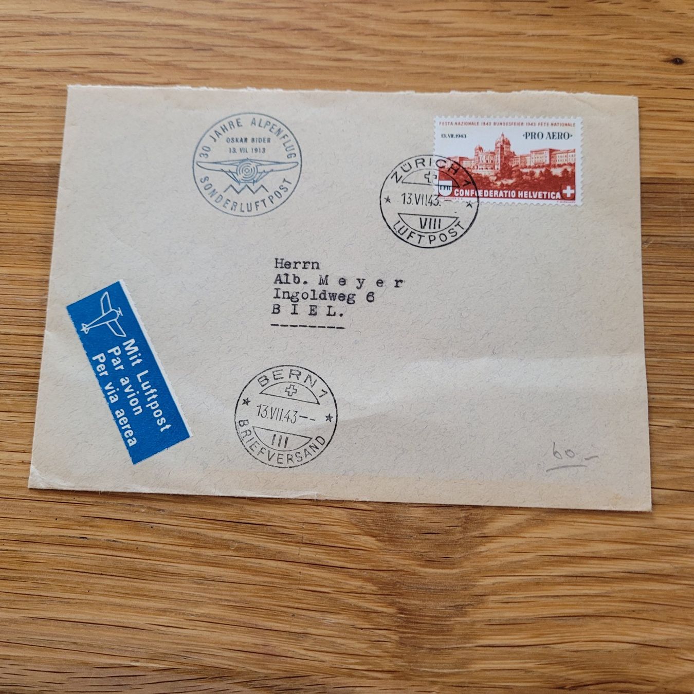 Tutti i francobolli: Luftpost Brief 1943 Zürich Bern Biel – Usato da Biel/Bienne venduto da Destockweb
