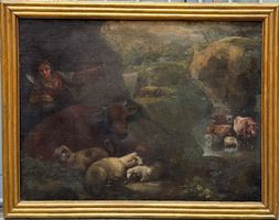 Dipinto, olio su tela, scena pastorale, scuola Brandi, XVII