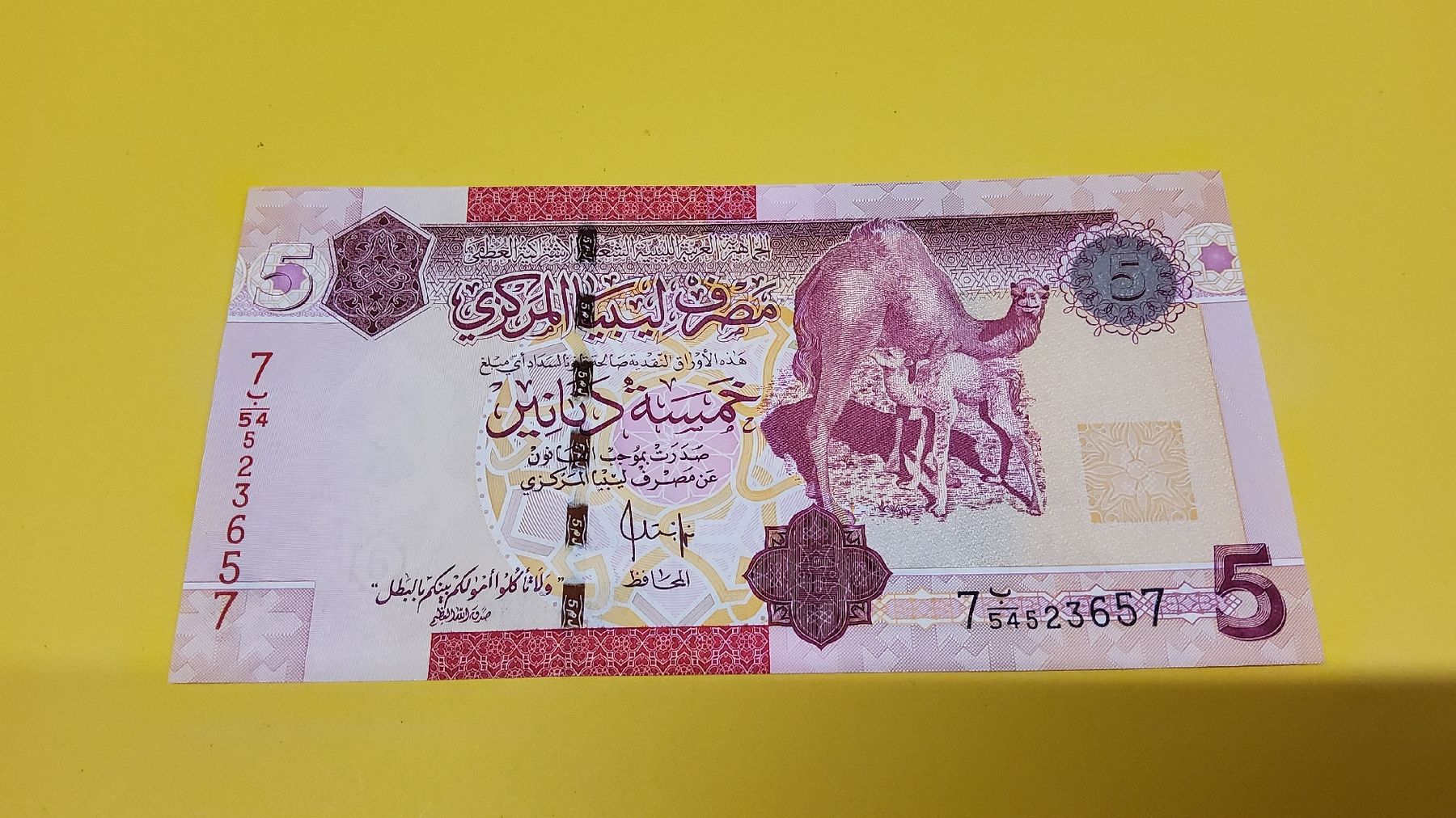 Banconote: Libyen Banknote 5 Dinar Kamel Motiv  – Nuovo e nell'imballaggio originale da Herisau venduto da Nluanalucas