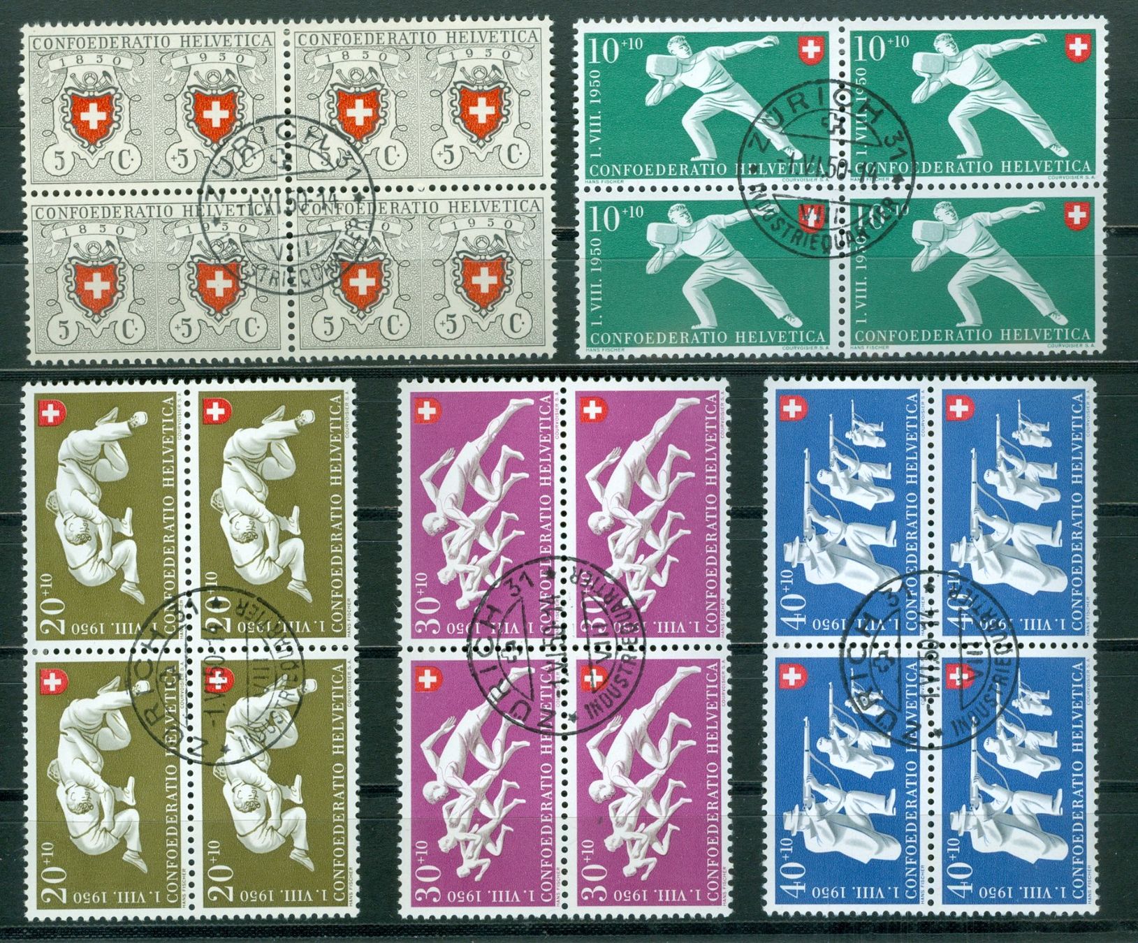 Tutti i francobolli: 1950 Schweiz Pro Patria Viererblocks – Usato da Zürich venduto da yago-rot