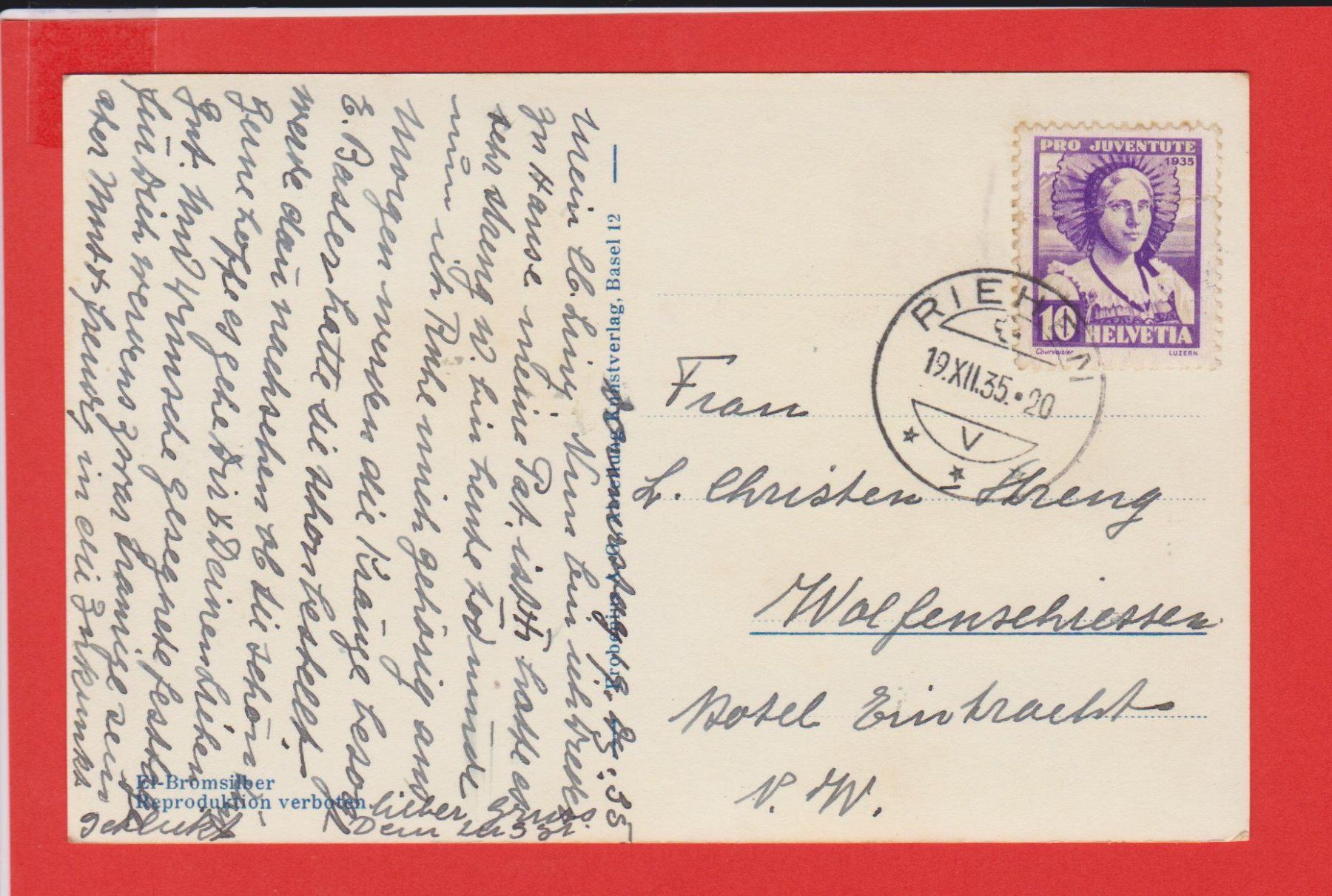 Cartoline postali: Riehen   -   alte Ansichtkarte um 1935 – Usato da Vitznau venduto da Ropaku 1