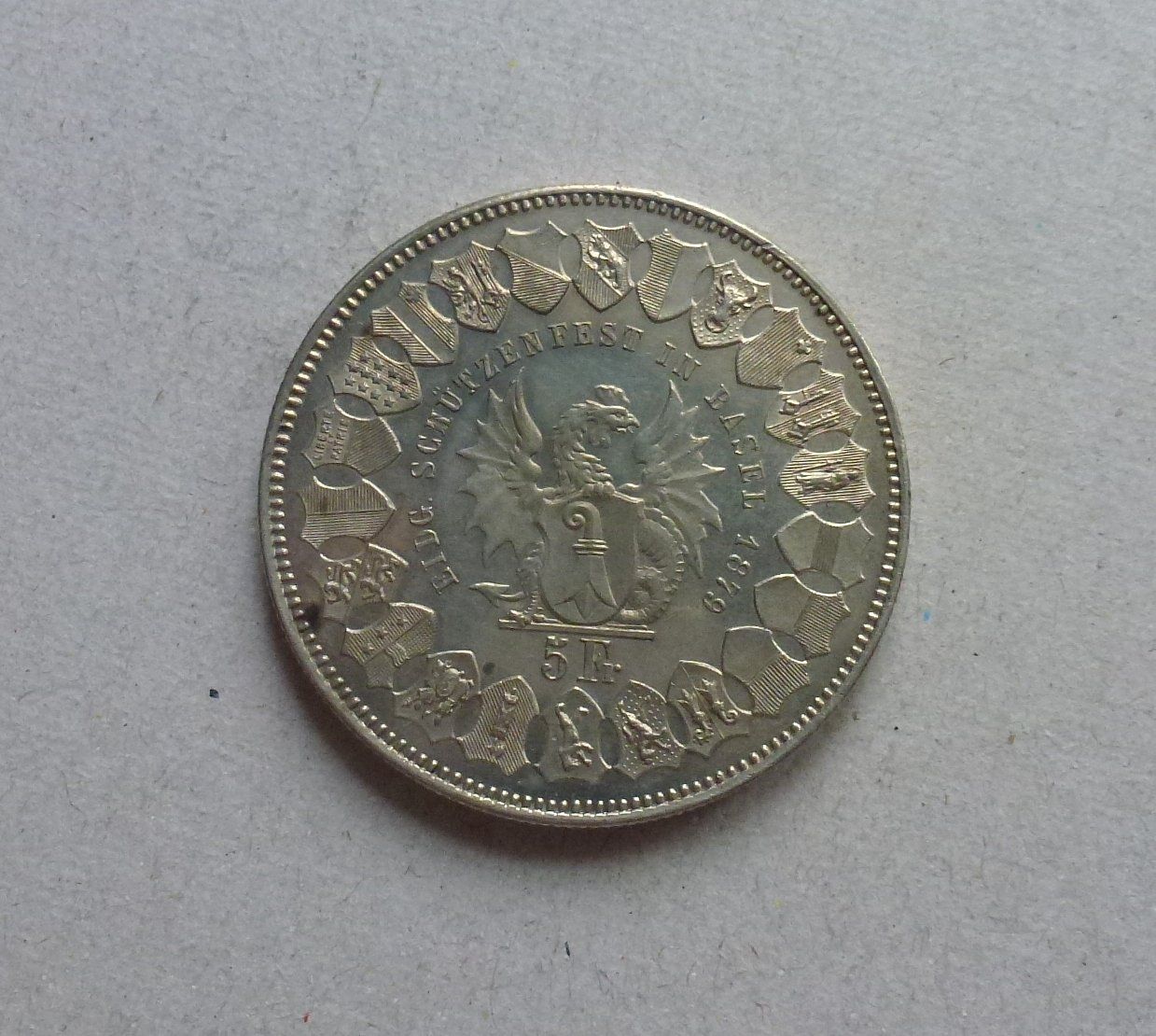 Tutti le monete: Basel ++ 5.- Franken 1879, Schützentaler – Usato da Walkringen venduto da Casablanca777 1