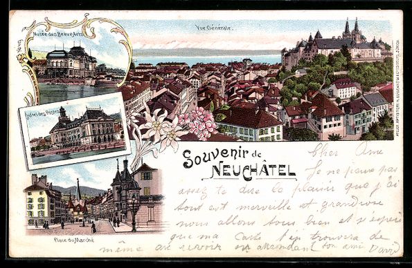 Cartes postales: Litho Neuchâtel, Vue générale, Place  – D'occasion à Berlin par bartko-reher