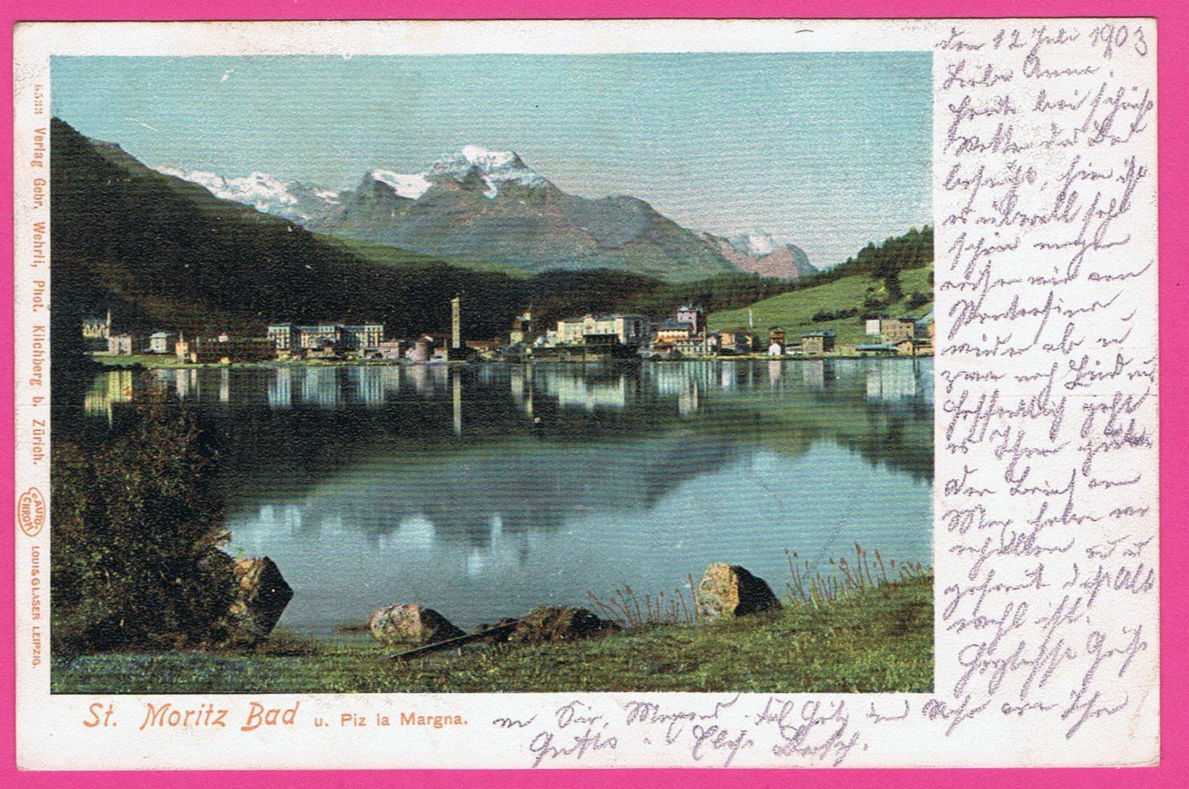 Cartoline postali: St. Moritz Bad gel 1903 – Usato da Einsiedeln venduto da dillie