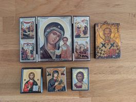 Lot 5 icônes orthodoxes triptyque Kazan St Nicolas
