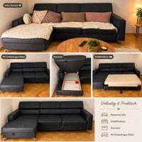🛋️ Modernes schwarzes Ecksofa mit Schlaffunktion und Staura