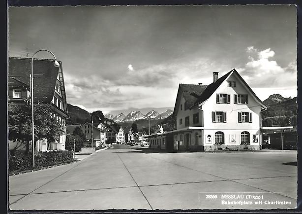 Cartoline postali: Nesslau / Togg., Bahnhofsplatz mit Churf – Usato da Berlin venduto da bartko-reher