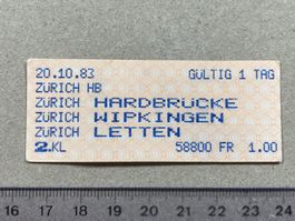 Zürich Letten, ehemaliger Bahnhof, altes Papier Billet, 1983