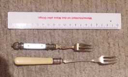2 schöne antike Gabeln mit Perlmutt- und Beingriff und Etui