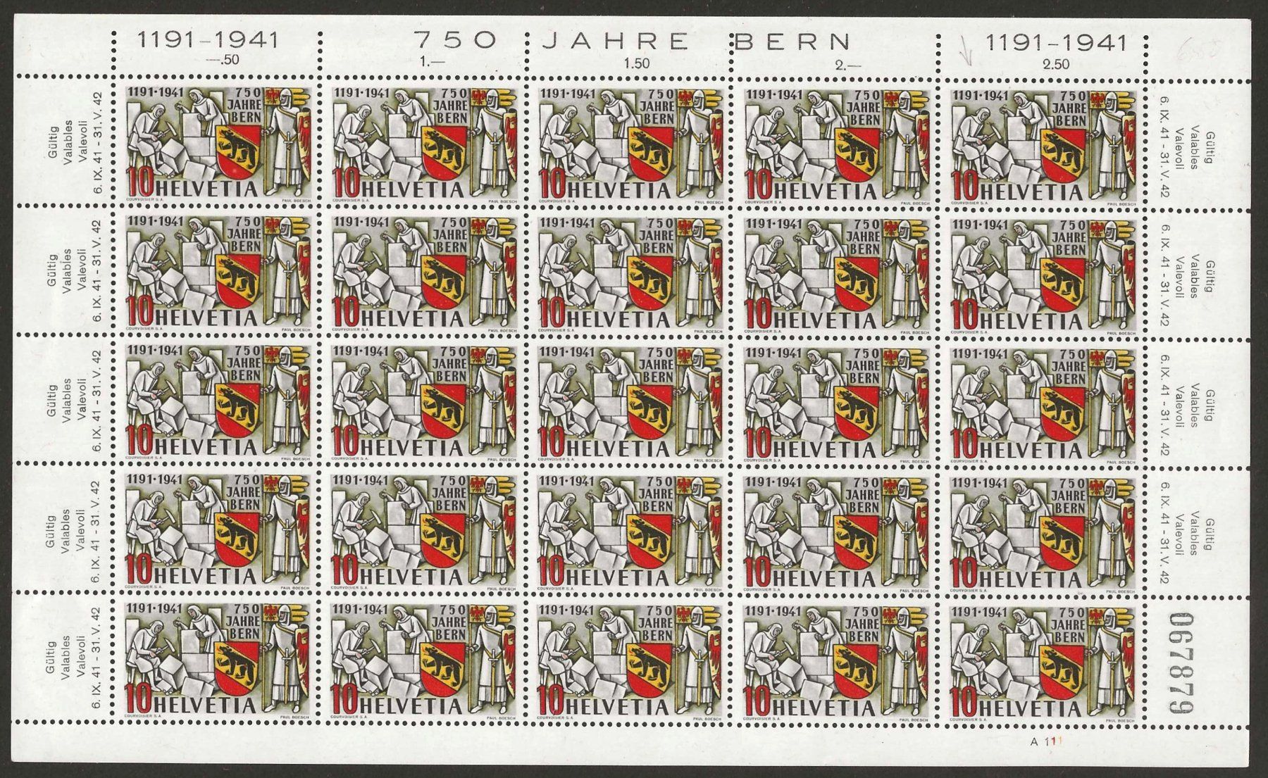 Tutti i francobolli: 1941 : Nr. 253 im Bogen mit Abart "Spinne auf Hammer" ** – Usato da Gümligen venduto da Geniusbuy