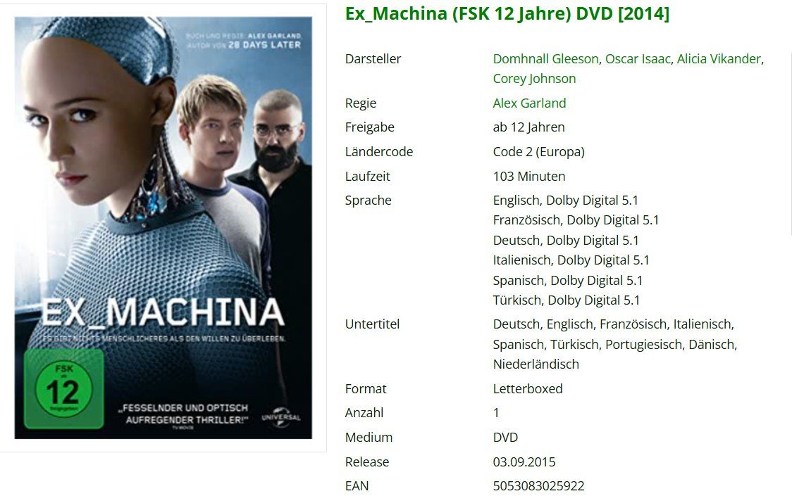 Tutti i DVDs: Ex Machina -DVD- NEU – Nuovo e nell'imballaggio originale da Dietikon venduto da Ruempfli 1