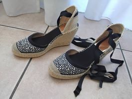 Espadrilles compensées à lacets noires décorées T37