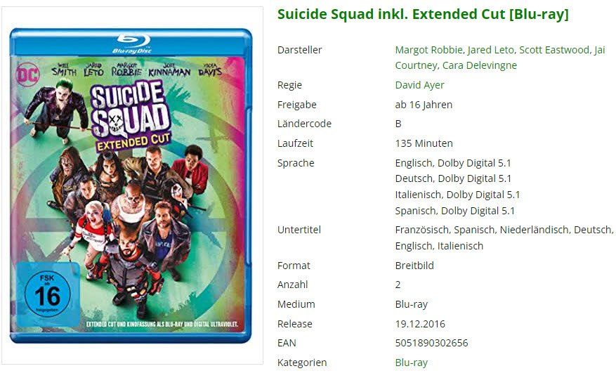 Alle DVDs: Suicide Squad inkl. Extended Cut (Bluray) – Gebraucht aus Emmetten von SVollenweider