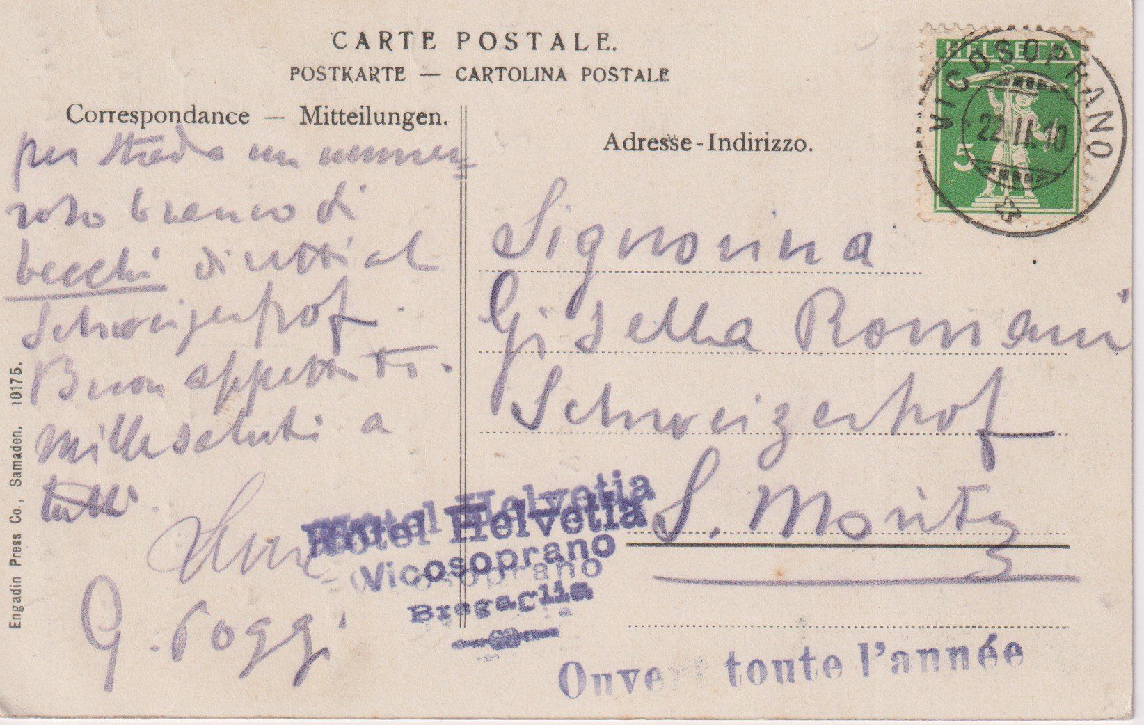 Ansichtskarten: AK Vicosoprano - Hotel Helvetia 1910 – Gebraucht aus Riva San Vitale von MAR-NAPO 1