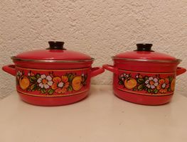 Email-Topfset, rot, mit Blumemuster - Vintage, 2 Stück