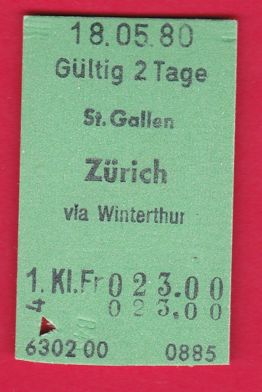 SBB KARTON BILLETT, ST.GALLEN-ZÜRICH, 1.KL., EINFACH, 1980 | Kaufen auf ...