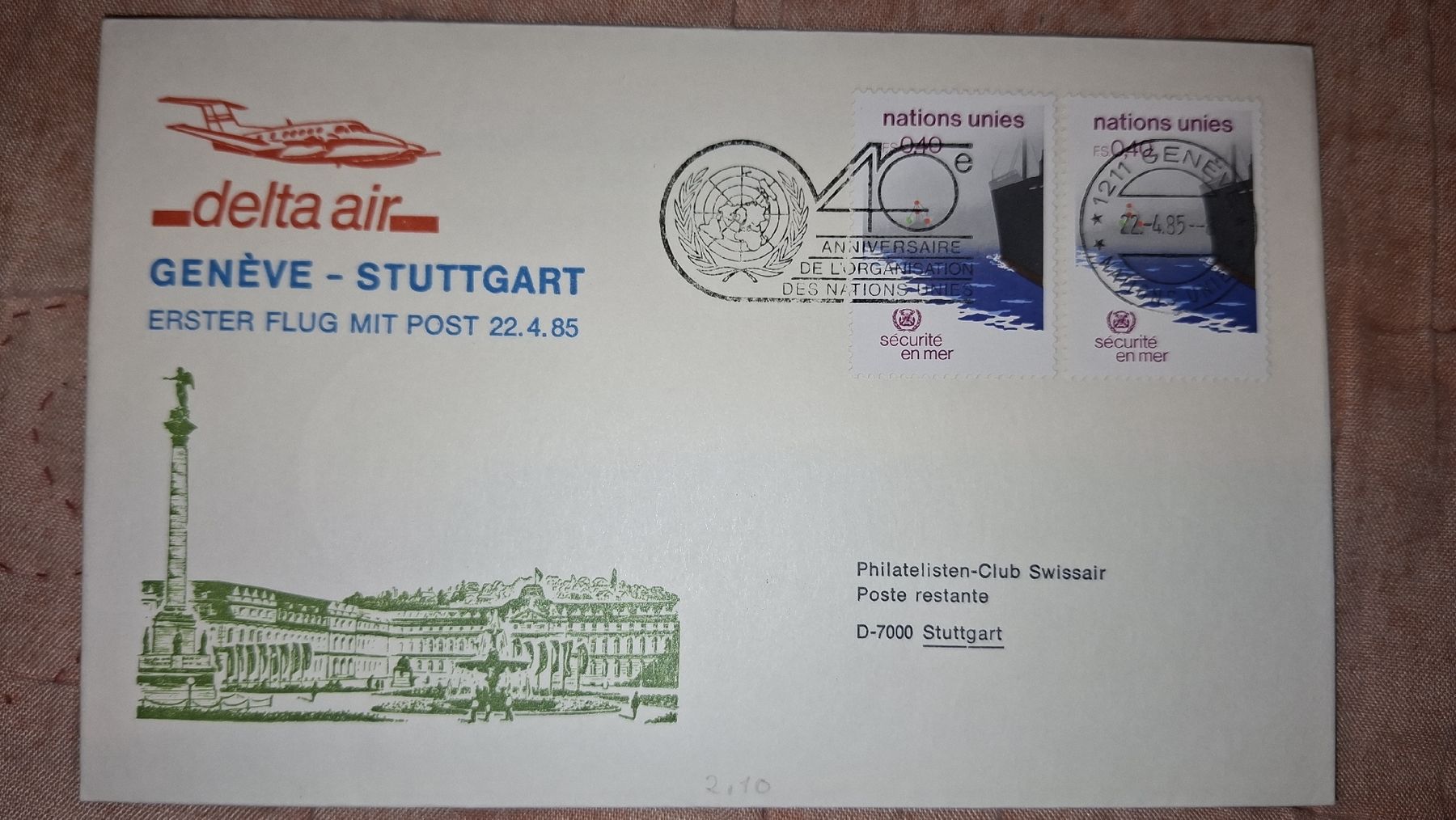 Tutti i francobolli: Swissair Geneve - Stuttgart 22.04.1985 – Usato da Balgach venduto da SIMEON27