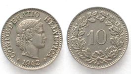 EIDGENOSSENSCHAFT 10 Rappen 1942 Ku-Ni ERHALTUNG! vz-unz
