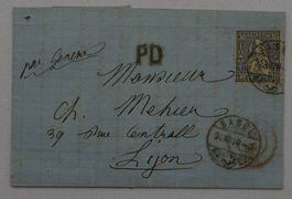 CH - Sitz. Helvetia - Zst. Nr. 41 auf Brief nach Lyon m. PD