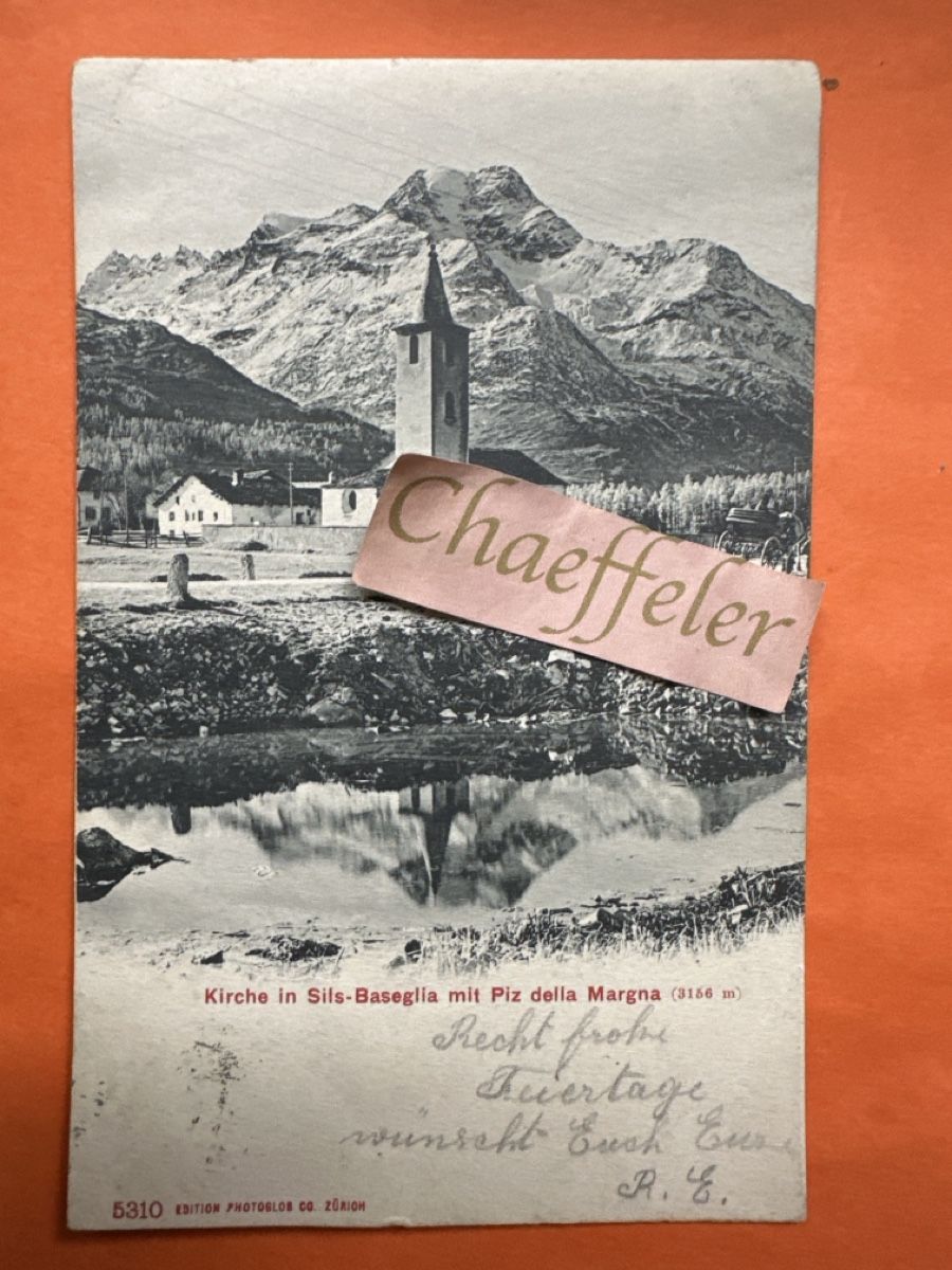 Cartoline postali: 1908  Kirche Sils-Baseglia mit Piz della Margna  – Usato da Zürich venduto da Chaeffeler