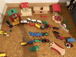 Holzeisenbahn Brio Set mit Schienen und viel Zubehör