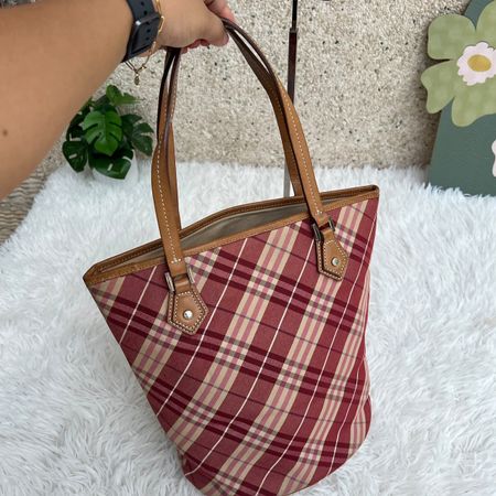 Handtasche kariert rot/beige Ledergriffe mittel guter Zustan