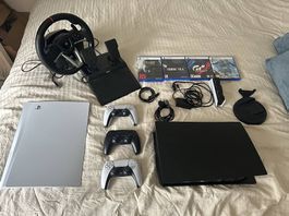 PS5 Set  3 Controller + Racing Wheel + 4 Spiele + Cover!