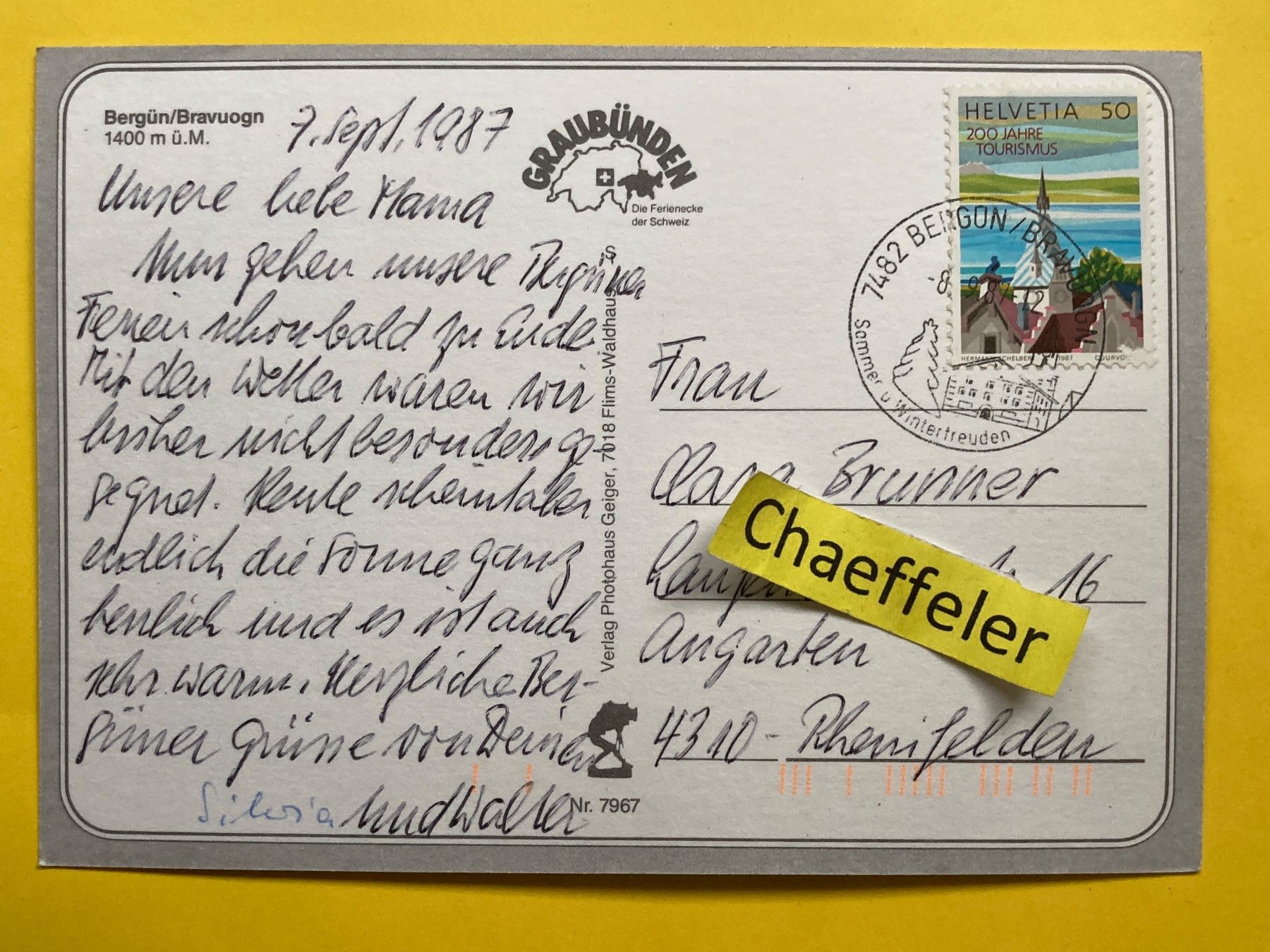 Cartoline postali: 1987 Bergün/Bravuogn – Usato da Zürich venduto da Chaeffeler 1