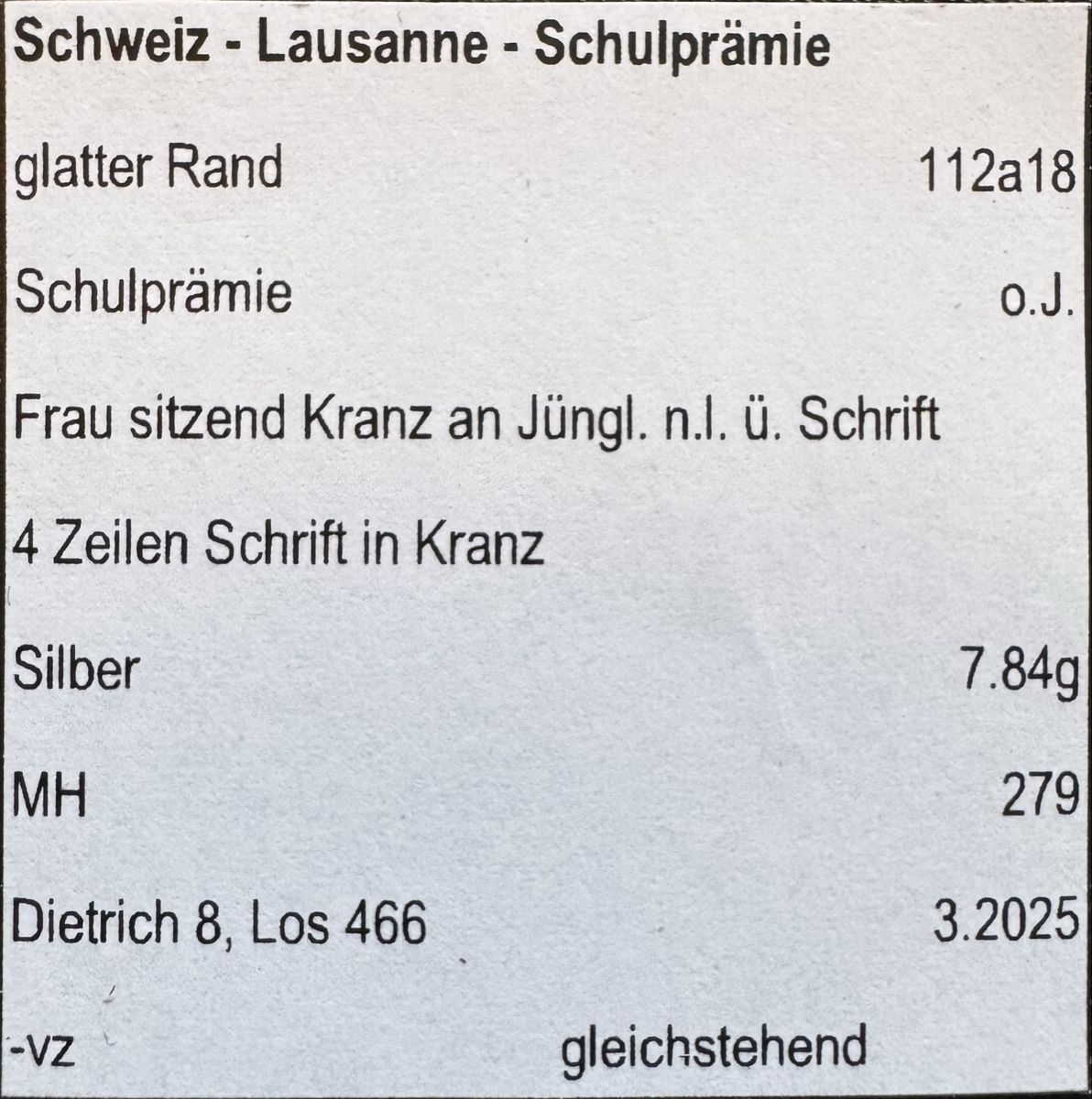 Medaglie: Schulprämie Lausanne MH 279 – Usato da Meilen venduto da coins4sale 2
