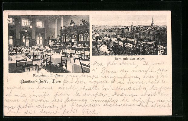 Cartoline postali: Bern, Ortsansicht mit Alpen, Bahnhof-Buf – Usato da Berlin venduto da bartko-reher