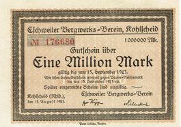 Kohlscheid Eschweiler 1 Mi.Mark KN rot 15.08.1923 VZ++-UNZ