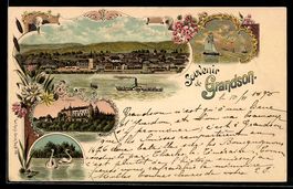 Litho Grandson, Ortsansicht mit See und 