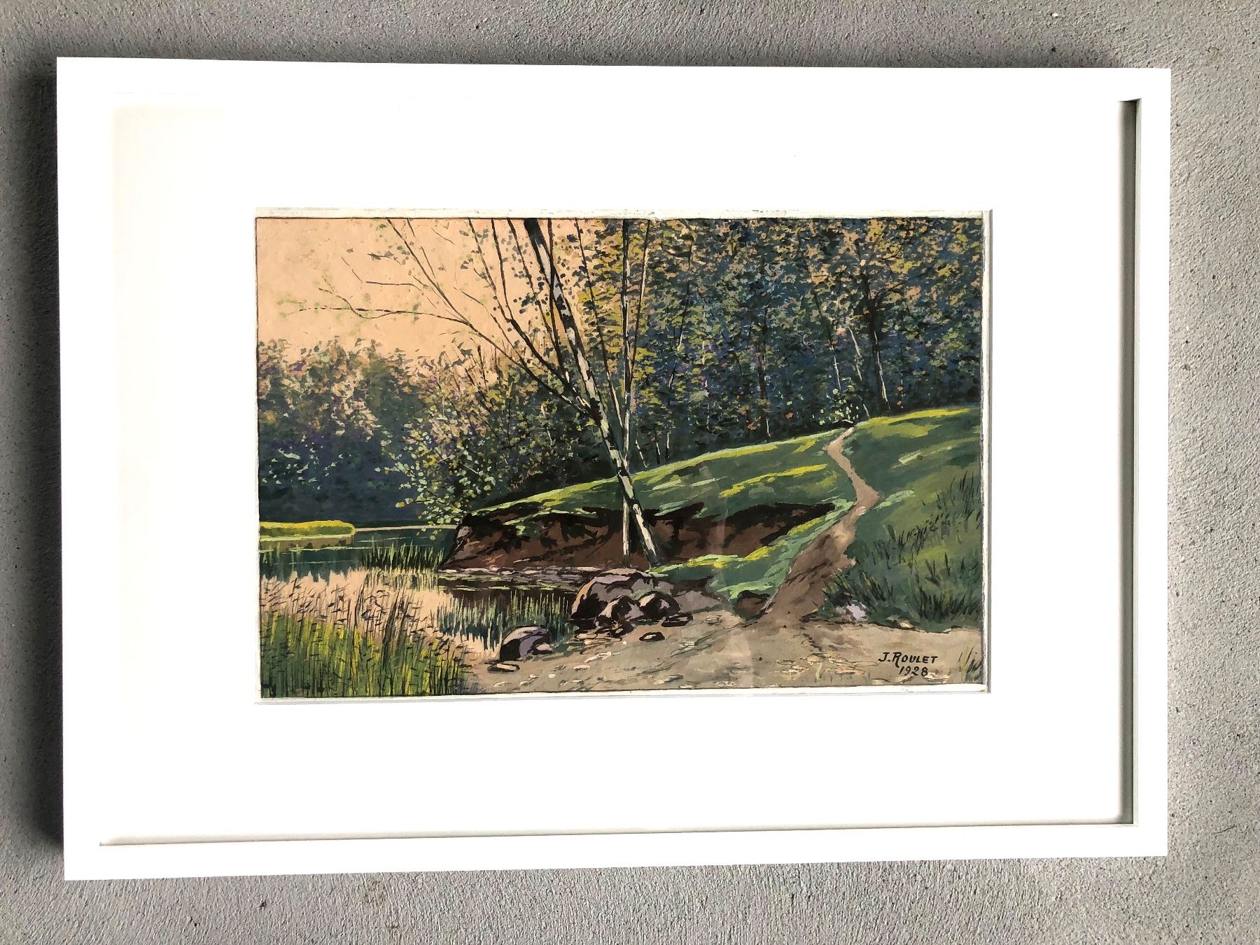 Dipinti: Gouache, Aquarell " Flusslandschaft", sign. J. Roulet 1928 – Usato da Bern venduto da vintageartbern66