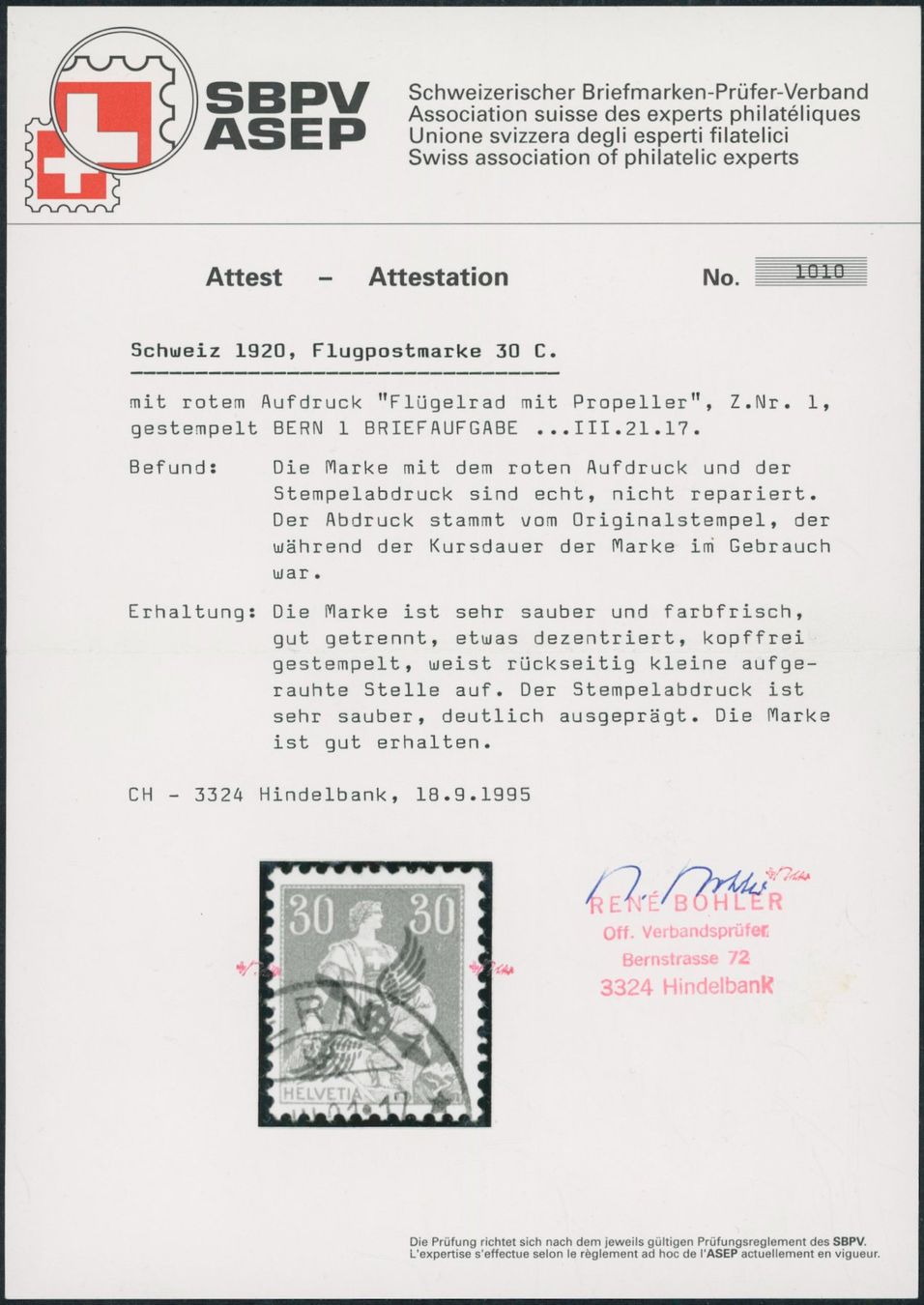 Tutti i francobolli: 1919 - Flugpost - gestempelt "die Nr. 1" – Usato da Schindellegi venduto da leecollect 2
