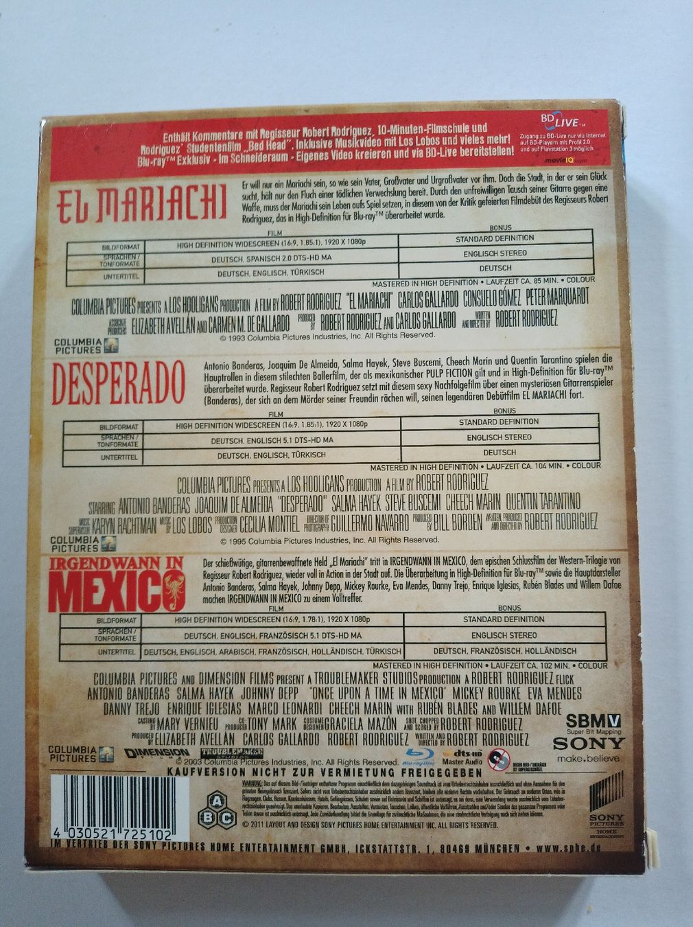 Tutti i DVDs: El Mariachi Trilogy Blu-ray - Robert Rodriguez Action – Usato da Tann venduto da Veebee6 1