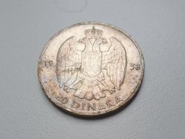 🇷🇸 🇭🇷 Yugoslavia 20 Dinara   1938   Silver 9g .750