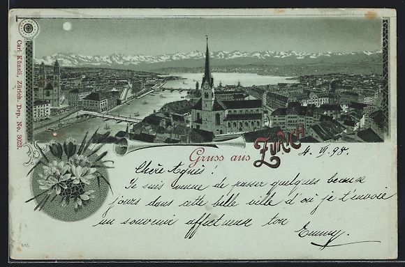 Cartoline postali: Lithographie Zürich, Totale mit Kirche – Usato da Berlin venduto da bartko-reher