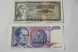 Jugoslawische Banknoten, je 1x 1000 & 5000 Dinar, Vintage!