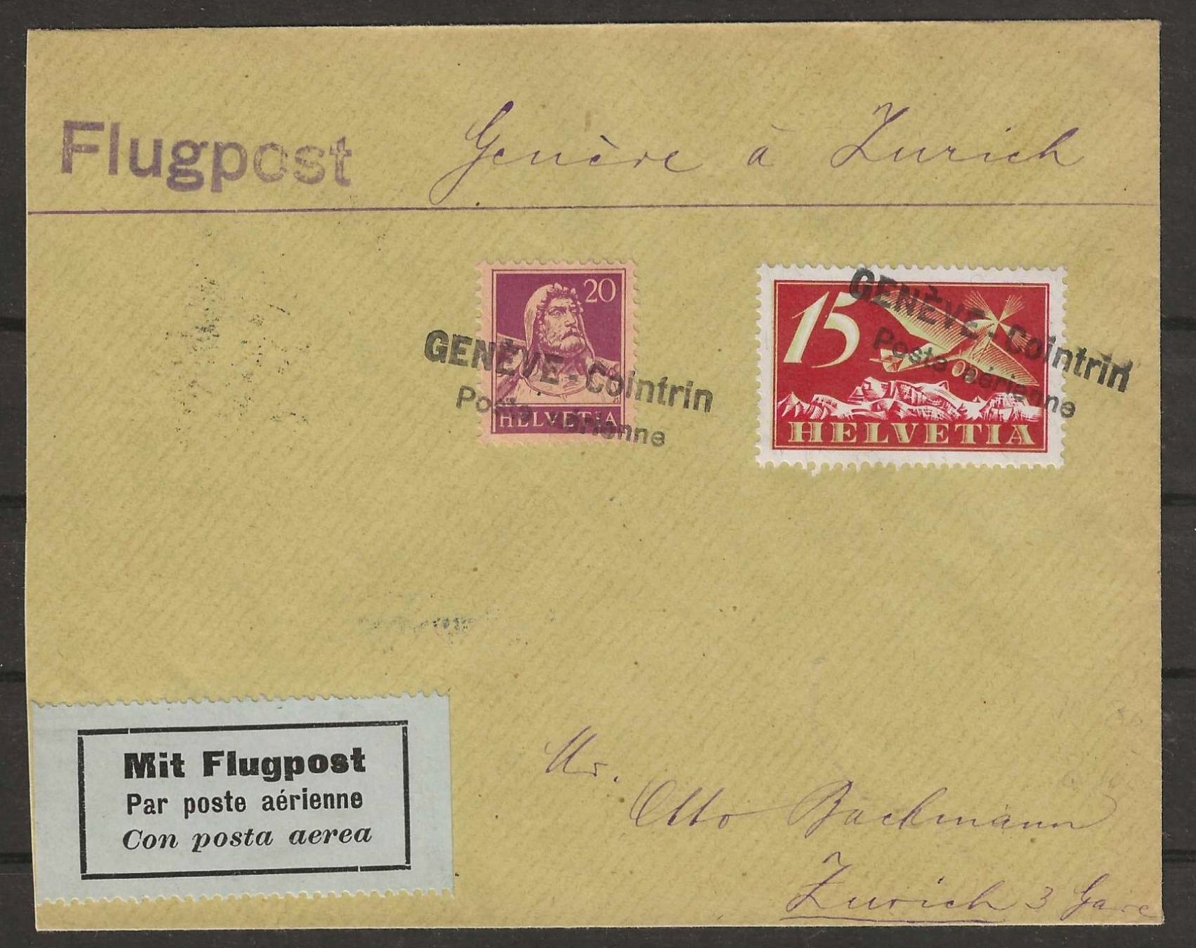 Alle Briefmarken: 1925 : Flugpostbrief Genève -Contrin – Gebraucht aus Gümligen von Geniusbuy