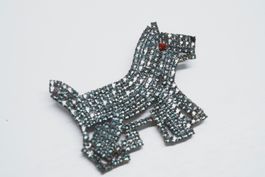 Vintage Brosche Gablonz Hund Terrier Strass hellblau 6 cm