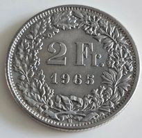 2 Franken 1965 Schweiz Silber Münze guter Zustand