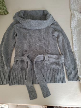 Winter Strickpullover mit Gürtel, Rollkragen, Grau, M