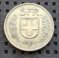 5 Fr. Silbermünze 1951 sehr gut erhalten, Sammlerstück