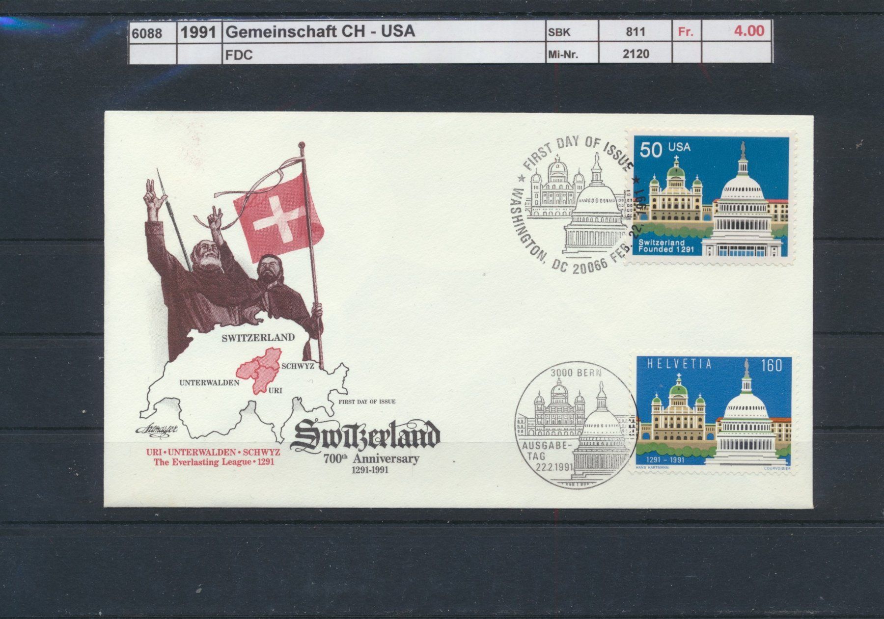 Alle Briefmarken: 1991 "Gemeinschaft CH - USA", FDC – Gebraucht aus Winterthur von Zupogeru